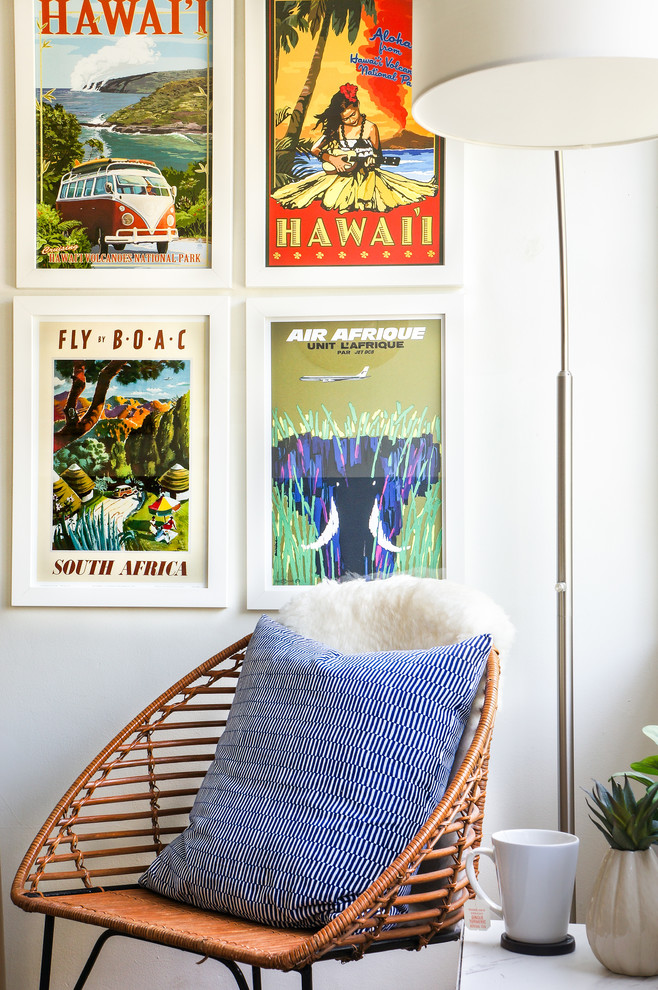 Inspiration for an eclectic living room in Los Angeles with white walls.