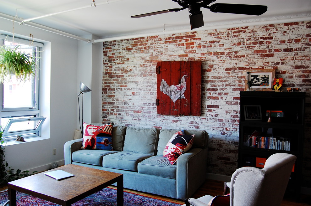 Living room - industrial living room idea in New York with white walls