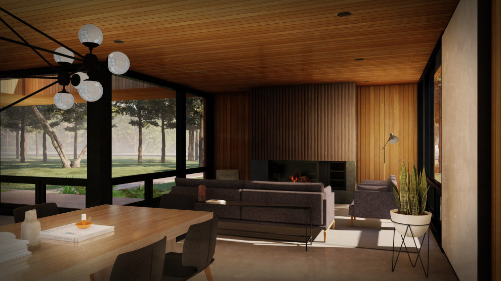 Пример оригинального дизайна: открытая гостиная комната в стиле модернизм с бетонным полом, стандартным камином, фасадом камина из камня, скрытым телевизором, серым полом, деревянным потолком и деревянными стенами