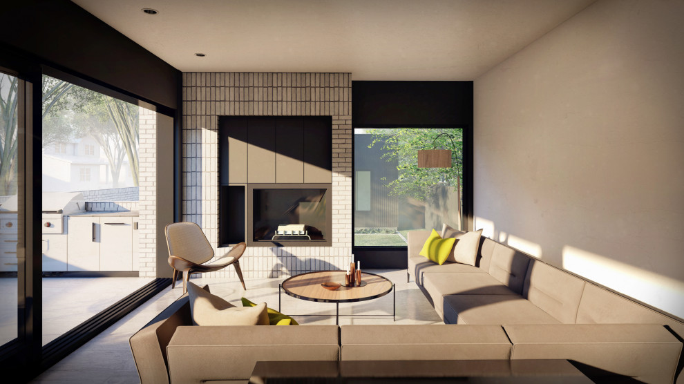 Пример оригинального дизайна: маленькая гостиная комната в стиле модернизм с белыми стенами, полом из известняка, стандартным камином, фасадом камина из кирпича, скрытым телевизором, серым полом и кирпичными стенами для на участке и в саду