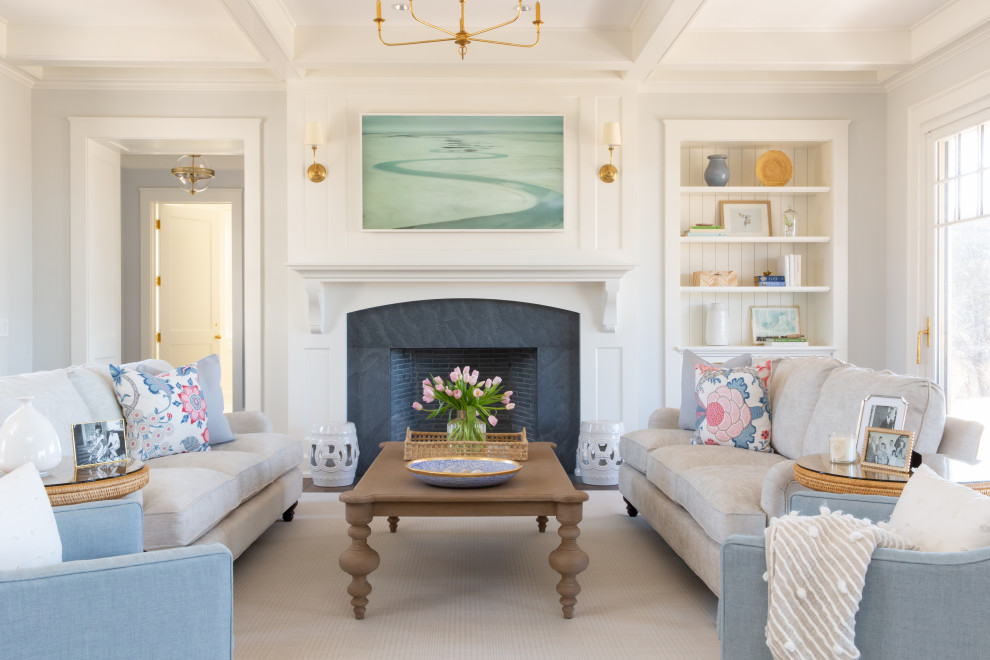Living room - large transitional formal and open concept medium tone wood floor and brown floor living room idea in Boston with gray walls, a standard fireplace, a tile fireplace and no tv