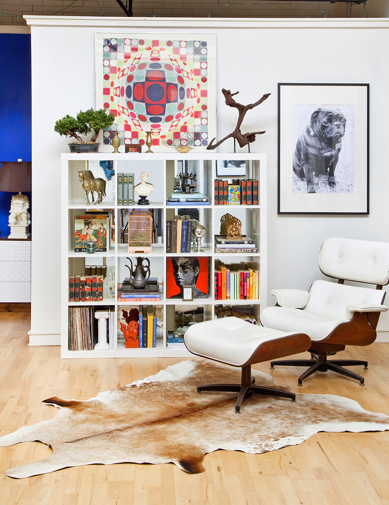 Living room - eclectic light wood floor living room idea in Philadelphia with white walls