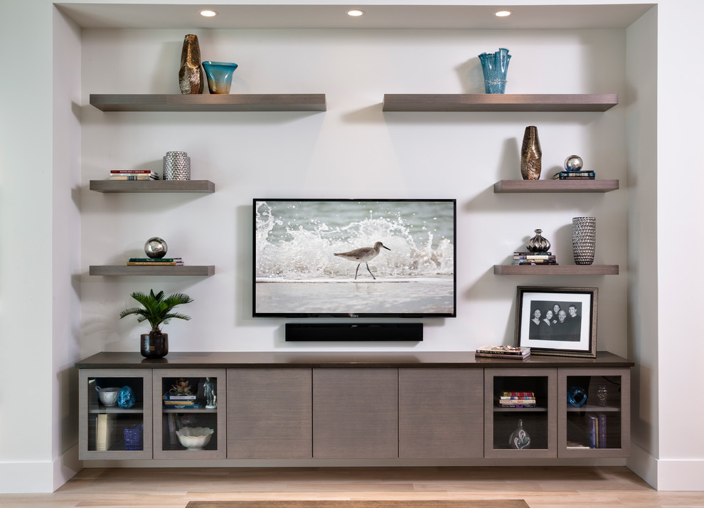 Inspiration for a large contemporary open concept living room remodel in Miami with white walls and a wall-mounted tv