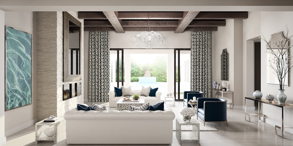 Idée de décoration pour un salon marin ouvert avec une salle de réception, un mur gris, parquet clair, un sol marron et un plafond à caissons.