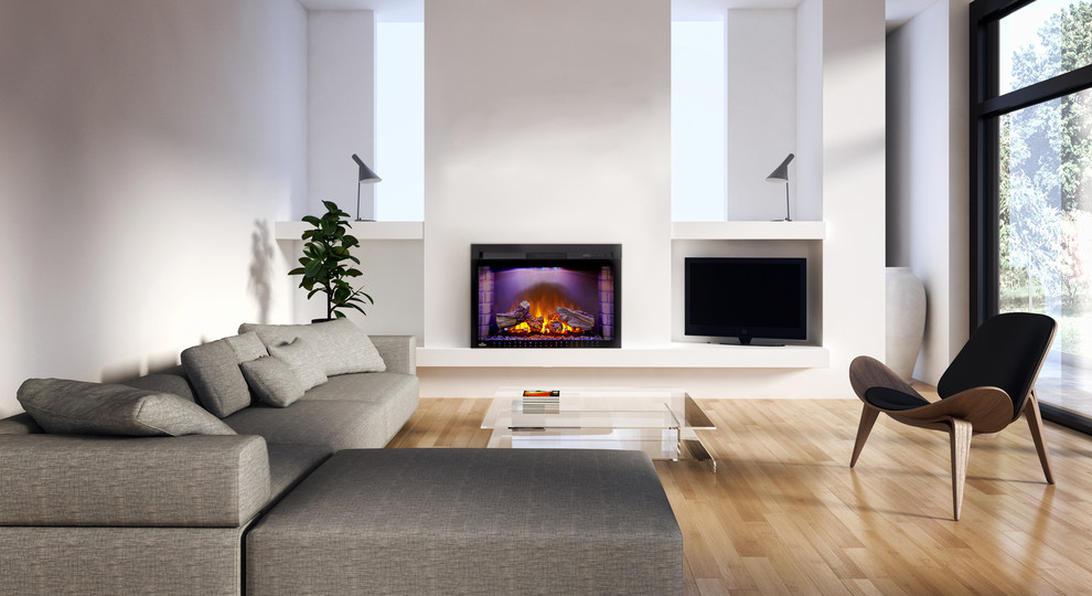 Inspiration for a mid-sized modern open concept light wood floor and beige floor living room remodel in Toronto with white walls, a standard fireplace, a tv stand and a plaster fireplace