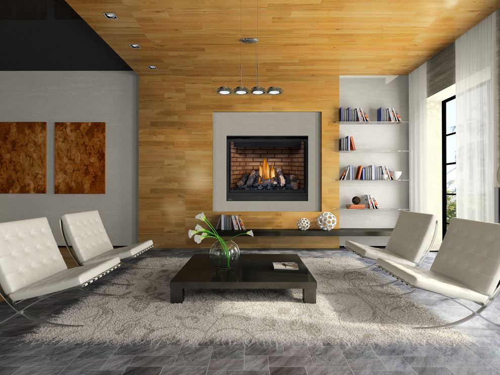 Пример оригинального дизайна: парадная, открытая гостиная комната среднего размера в стиле модернизм с серыми стенами, полом из керамической плитки, стандартным камином, фасадом камина из штукатурки и серым полом без телевизора