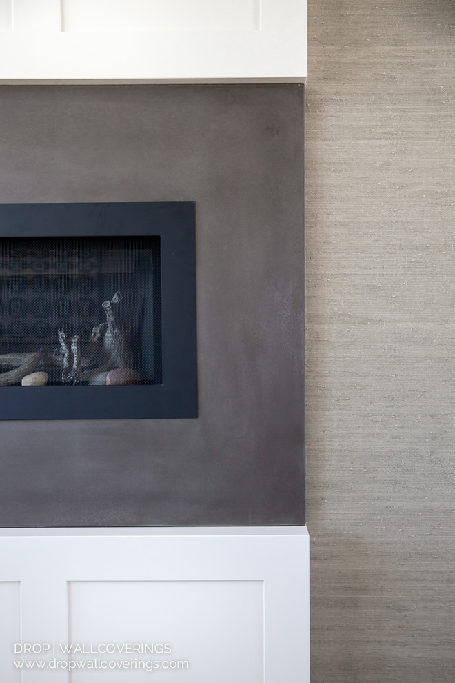 Idée de décoration pour un salon minimaliste de taille moyenne et fermé avec un mur gris, moquette, une cheminée standard et un manteau de cheminée en béton.
