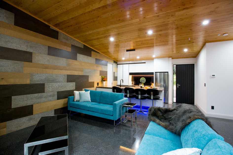 Modernes Wohnzimmer mit bunten Wänden und grauem Boden in Auckland
