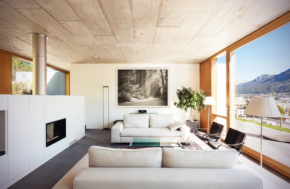 Idee per un soggiorno minimal con pareti bianche, pavimento in cemento e camino lineare Ribbon
