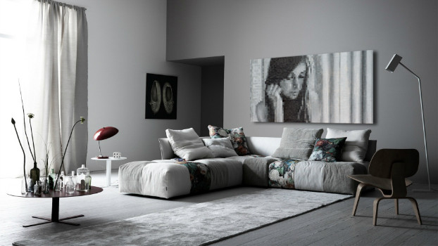 Foto di un grande soggiorno minimal stile loft con sala formale, pareti grigie e nessuna TV