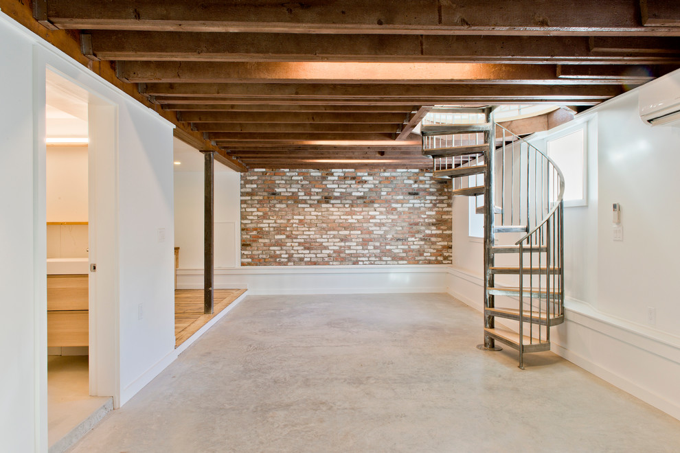 Design ideas for a medium sized contemporary mezzanine living room in Boston with white walls.