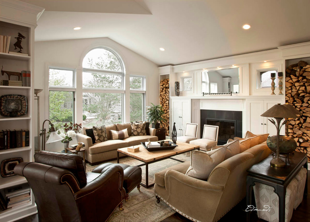 Living room - traditional living room idea in Milwaukee with white walls and a standard fireplace