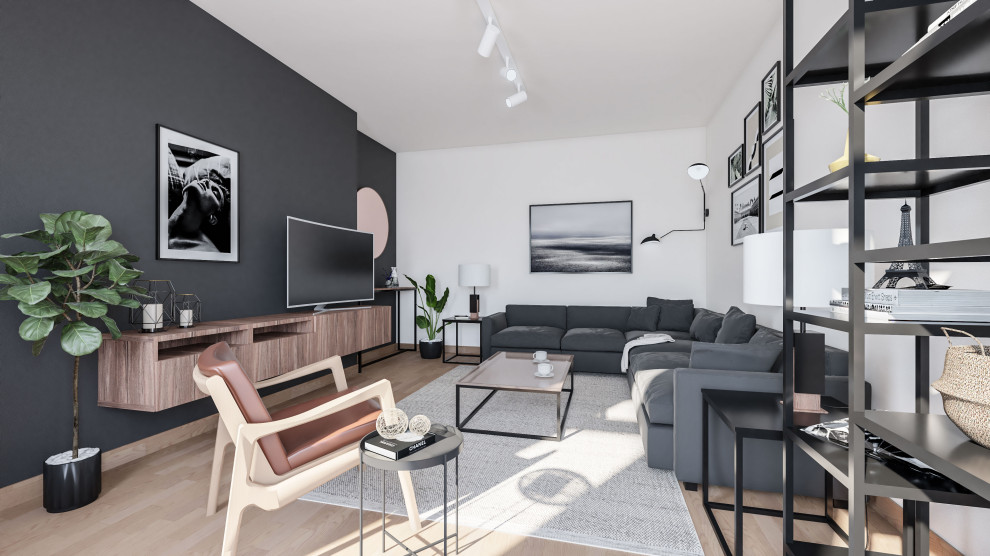 Inspiration för ett mellanstort funkis separat vardagsrum, med flerfärgade väggar, ljust trägolv och en fristående TV