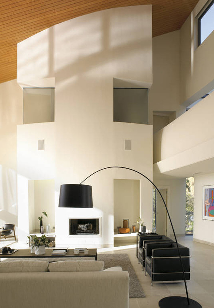 Ispirazione per un grande soggiorno design aperto con sala formale e camino classico