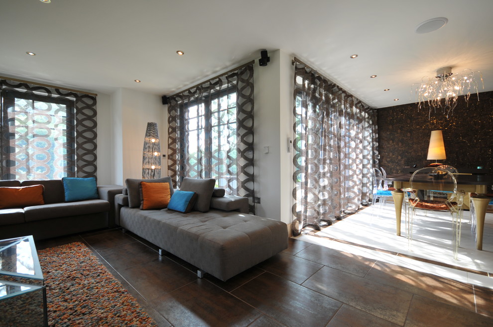 Trendy living room photo in Manchester with white walls