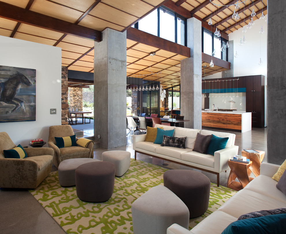 Geräumiges, Offenes, Repräsentatives Modernes Wohnzimmer ohne Kamin mit weißer Wandfarbe und Betonboden in San Diego
