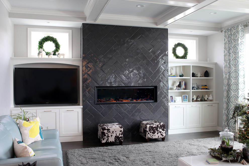 Classic living room in Minneapolis with grey walls, dark hardwood flooring, a ribbon fireplace and a tiled fireplace surround.
