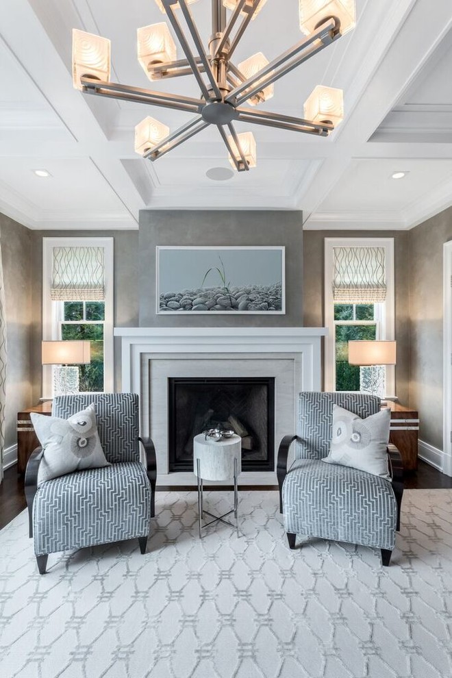 Living room - mid-sized transitional formal and enclosed dark wood floor living room idea in New York with gray walls, a standard fireplace and a tile fireplace
