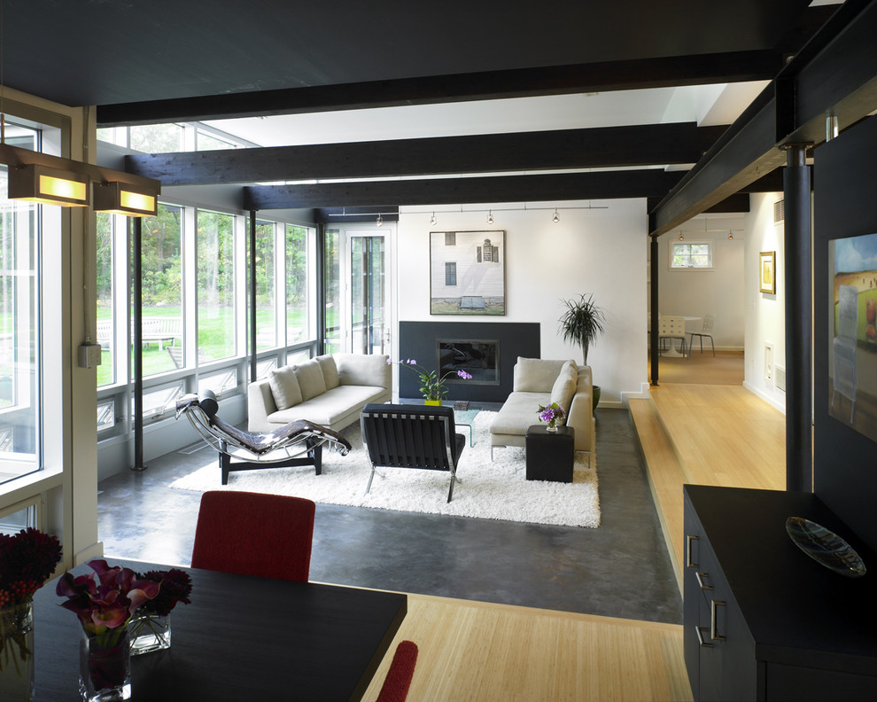 This is an example of a contemporary living room in Boston with a standard fireplace and no tv.