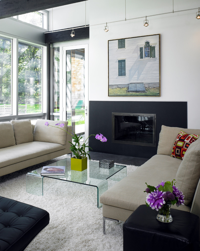 Inspiration for a contemporary living room in Boston with white walls and a standard fireplace.