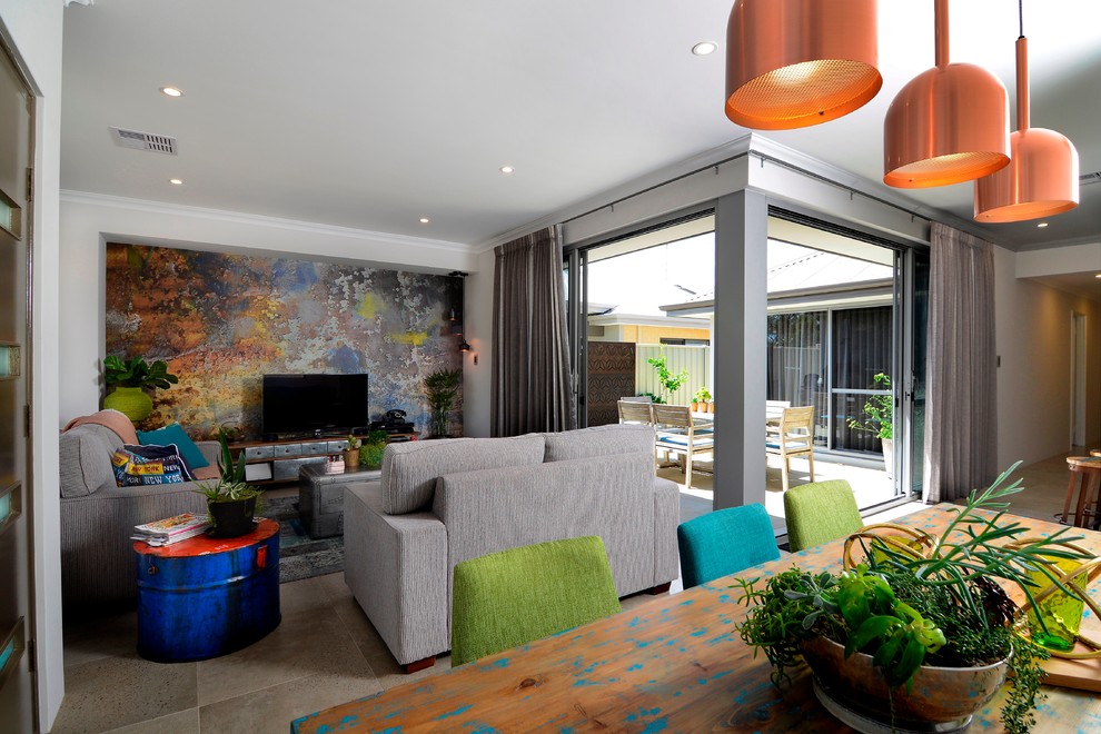 Design ideas for a medium sized eclectic open plan living room in Perth with white walls, concrete flooring, no fireplace and a freestanding tv.
