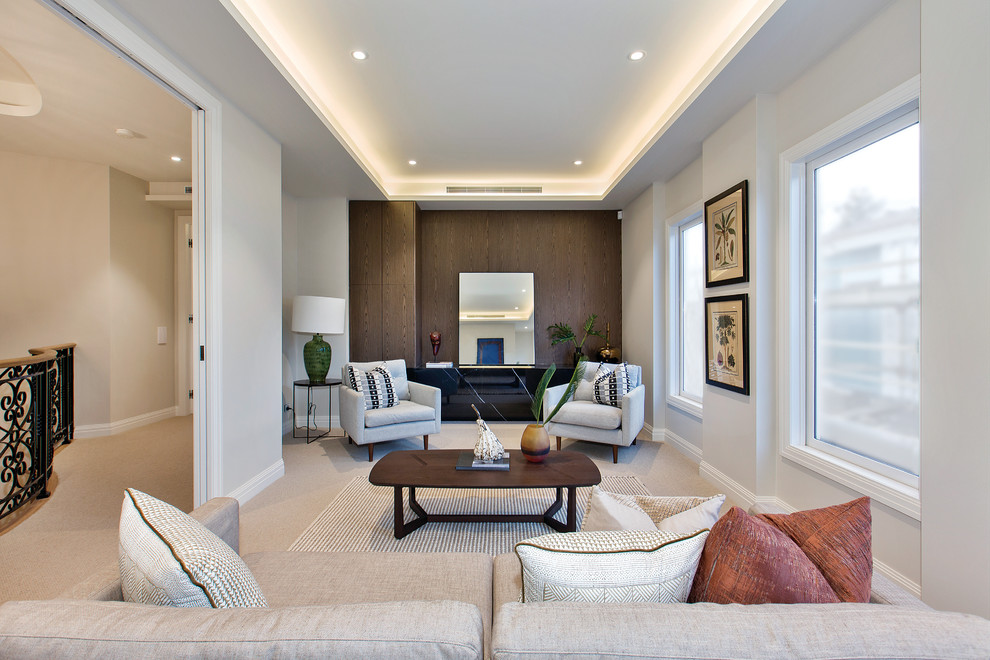 Esempio di un soggiorno design chiuso con sala formale, pareti bianche, moquette e pavimento bianco