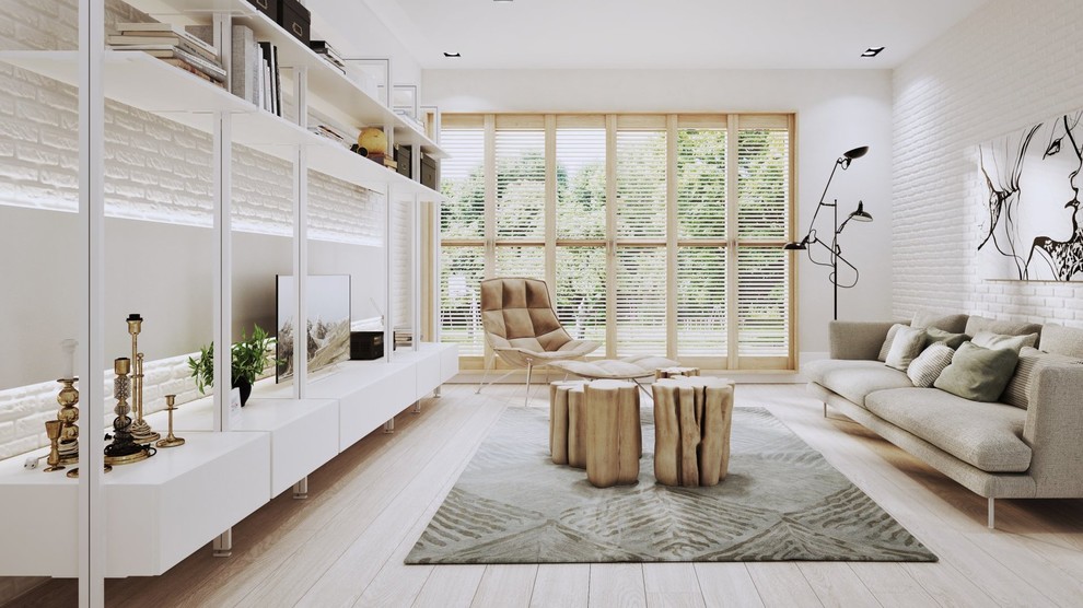 Idee per un soggiorno scandinavo di medie dimensioni e chiuso con pareti bianche, parquet chiaro, TV autoportante e pavimento beige