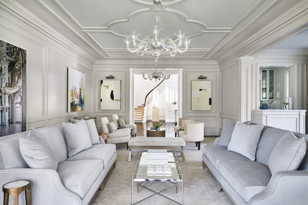 Ispirazione per un grande soggiorno tradizionale chiuso con sala formale, pareti grigie, moquette e pavimento beige