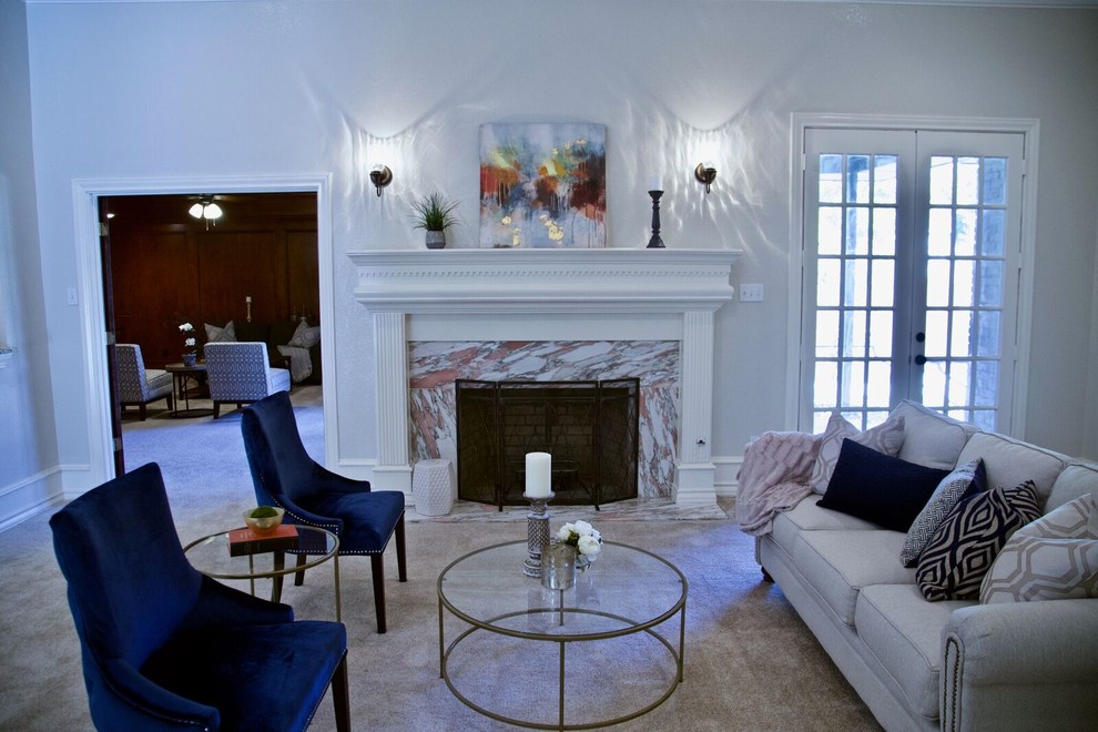 Living room - mid-sized traditional formal and enclosed carpeted and beige floor living room idea in Dallas with white walls, a standard fireplace, a stone fireplace and no tv