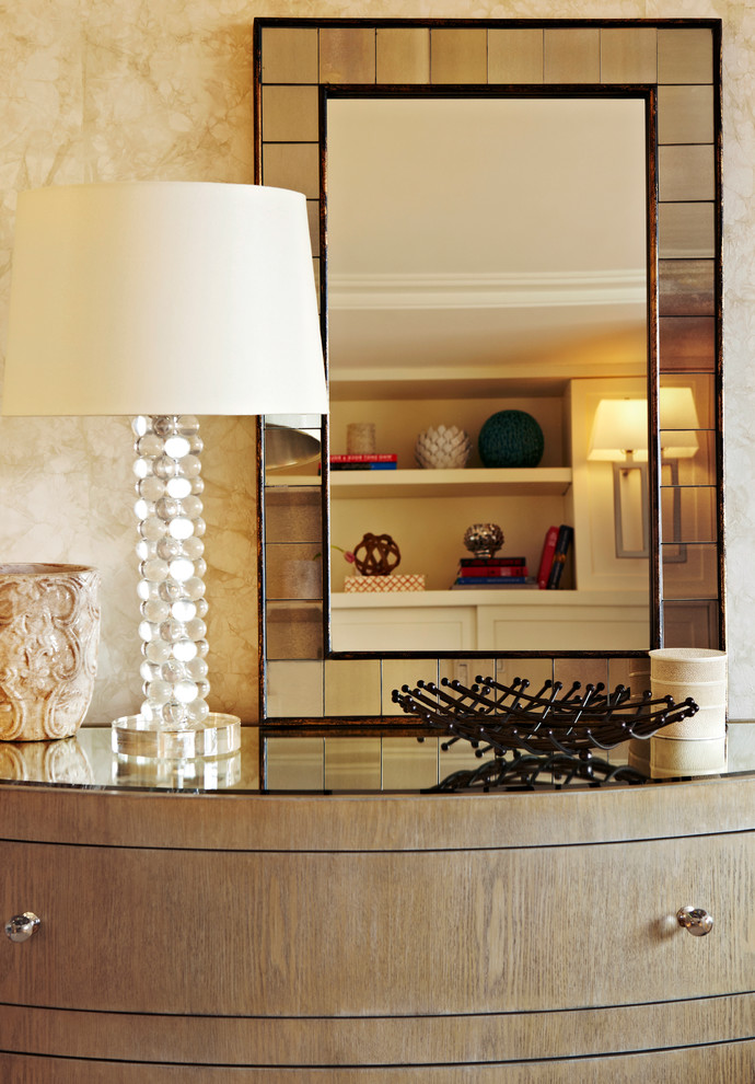 Example of a small transitional formal and enclosed dark wood floor and brown floor living room design in New York with beige walls, a standard fireplace, a metal fireplace and a wall-mounted tv