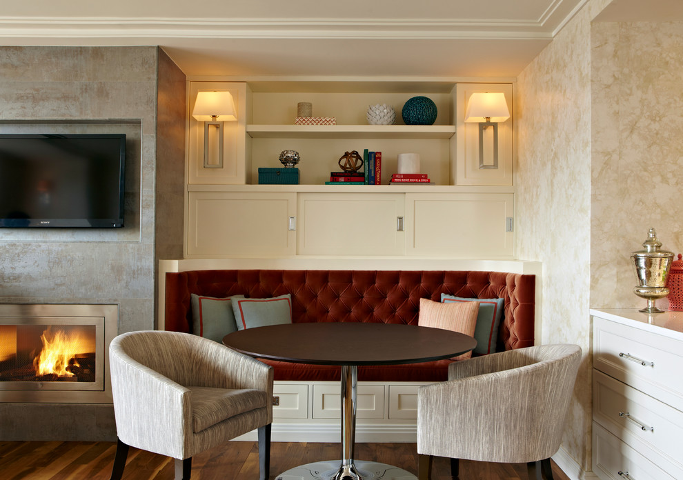 Small transitional formal and enclosed dark wood floor and brown floor living room photo in New York with beige walls, a wall-mounted tv, a standard fireplace and a metal fireplace