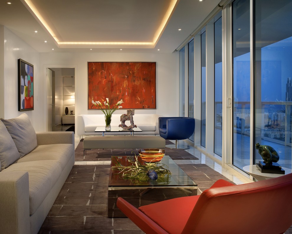 Inspiration for a large contemporary living room remodel in New York with white walls
