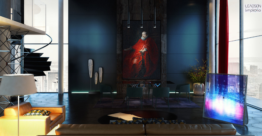 Imagen de salón para visitas tipo loft actual grande sin chimenea con paredes azules, suelo de madera oscura y televisor independiente