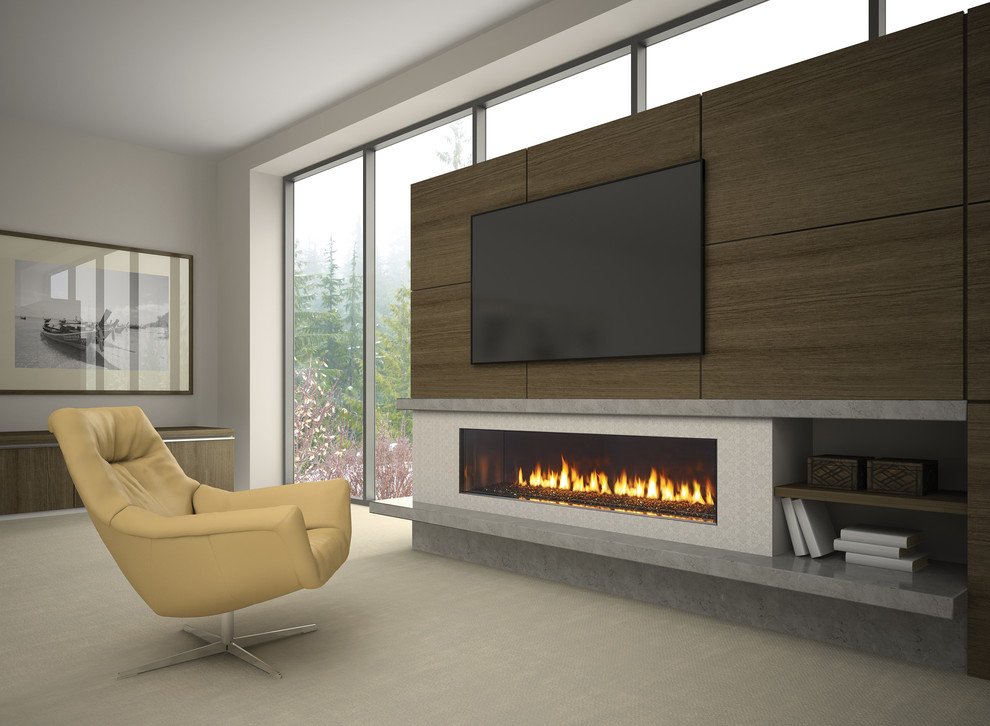 This is an example of a medium sized modern enclosed living room in Toronto with grey walls, carpet, a ribbon fireplace, a stone fireplace surround and a wall mounted tv.
