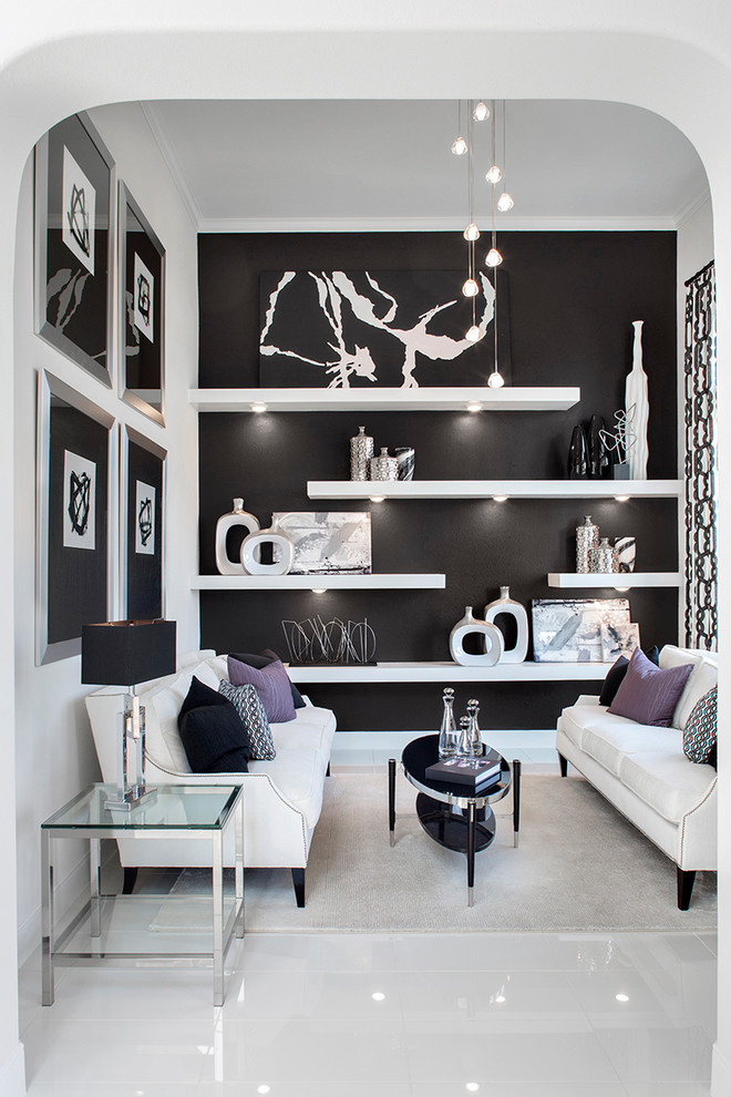 This is an example of a contemporary living room in Houston with black walls, ceramic flooring and white floors.