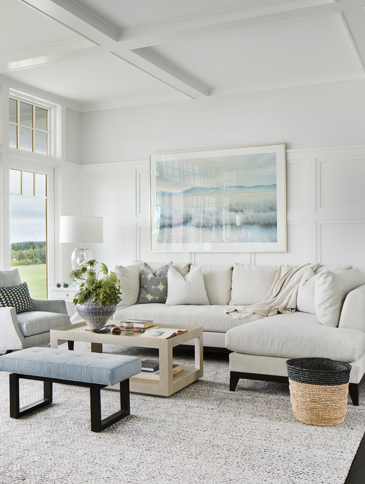 Inspiration for a coastal living room in Boston with feature lighting.