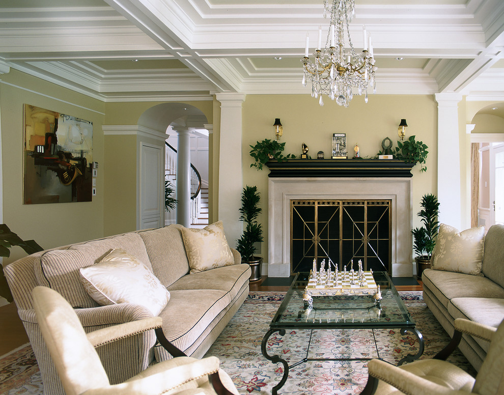 Traditional living room in Boston with yellow walls.