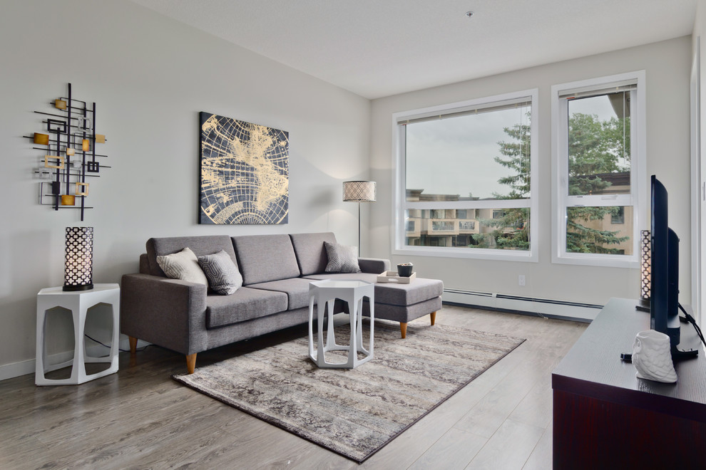Exempel på ett minimalistiskt vardagsrum, med grå väggar, mellanmörkt trägolv och en fristående TV