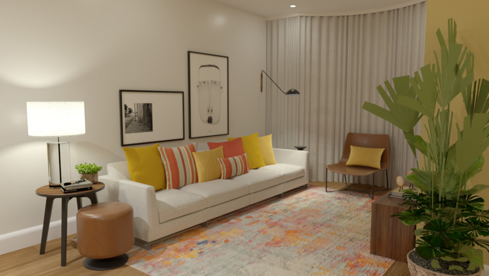 Стильный дизайн: парадная, изолированная гостиная комната среднего размера в стиле модернизм с желтыми стенами, паркетным полом среднего тона, стандартным камином, телевизором на стене и коричневым полом - последний тренд