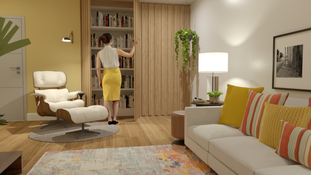 Идея дизайна: парадная, изолированная гостиная комната среднего размера в стиле модернизм с желтыми стенами, паркетным полом среднего тона, стандартным камином, телевизором на стене и коричневым полом