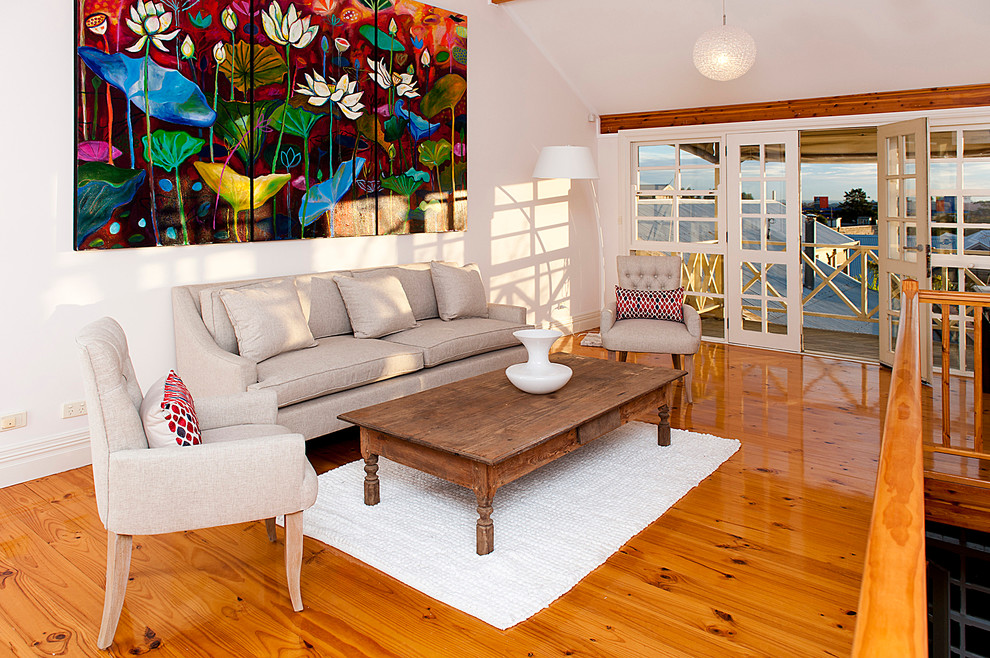 Living room - contemporary medium tone wood floor living room idea in Perth with white walls
