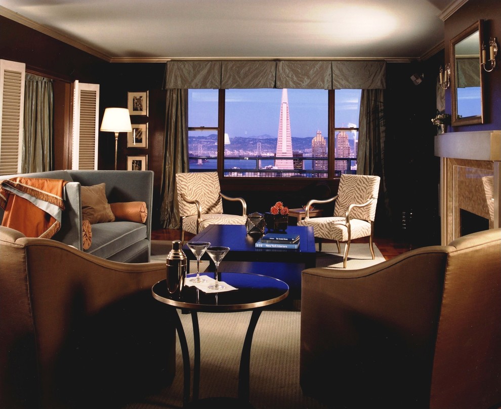 This is an example of a contemporary living room curtain in San Francisco with black walls, a standard fireplace and no tv.