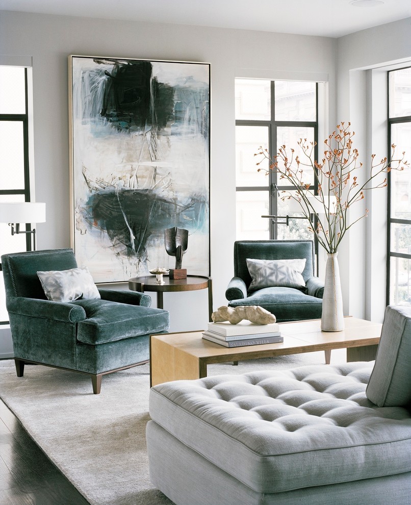 Classic grey and teal living room in San Francisco with white walls, no tv and feature lighting.