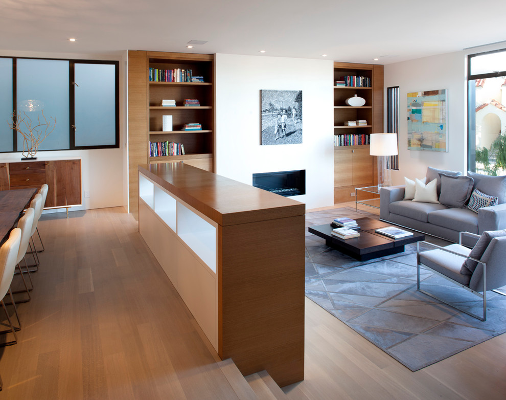 Источник вдохновения для домашнего уюта: гостиная комната в стиле модернизм с белыми стенами и горизонтальным камином без телевизора