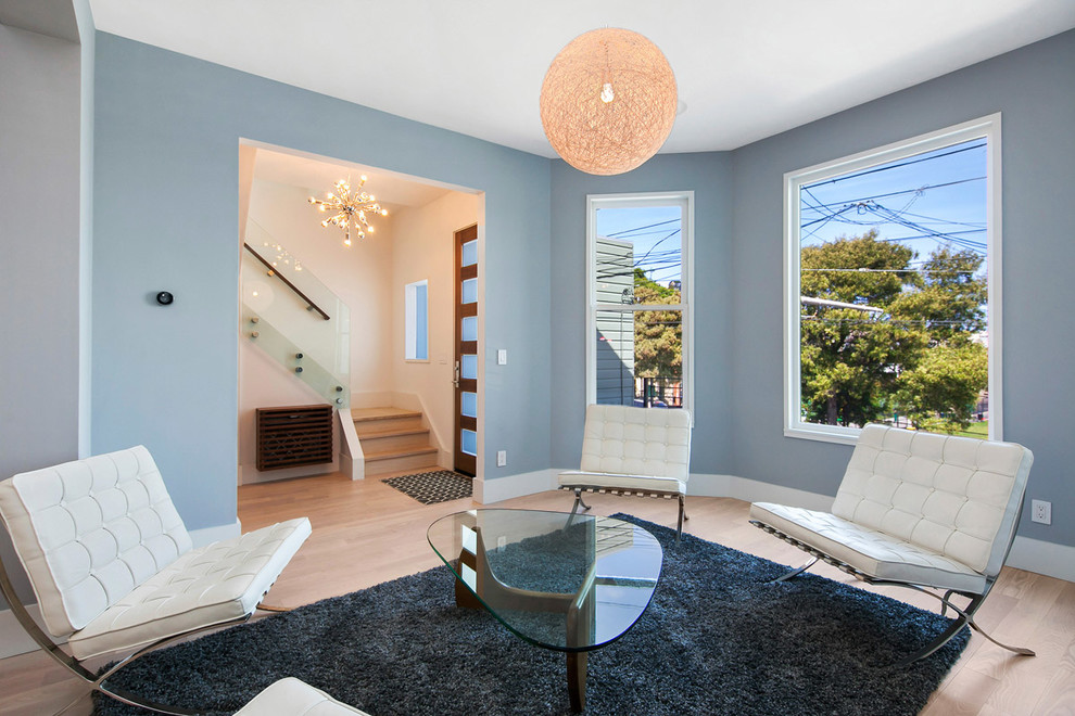 Mittelgroßes, Repräsentatives, Abgetrenntes Modernes Wohnzimmer mit grauer Wandfarbe und hellem Holzboden in San Francisco