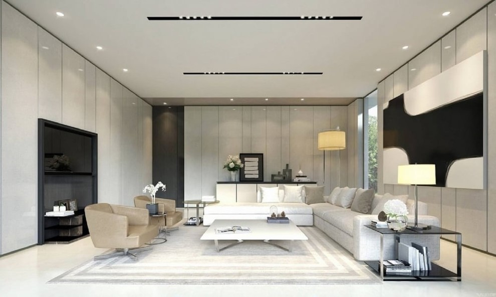 Esempio di un grande soggiorno moderno chiuso con pareti bianche, pavimento in gres porcellanato, parete attrezzata e pavimento bianco