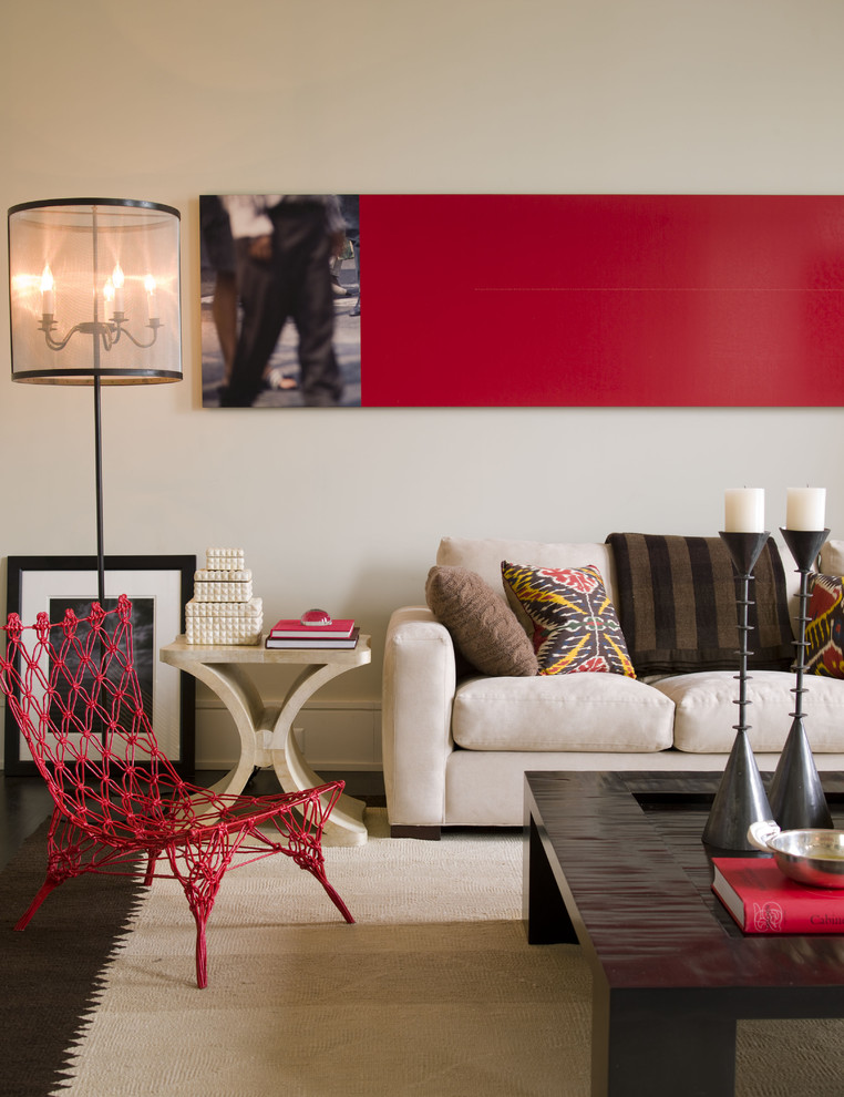 Example of a trendy living room design in New York with white walls