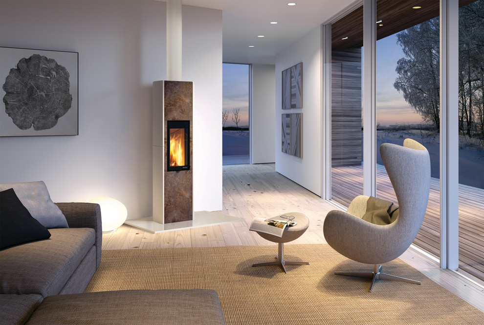 Design ideas for a large scandinavian open plan living room in Essex with white walls, a wood burning stove, light hardwood flooring and a concrete fireplace surround.
