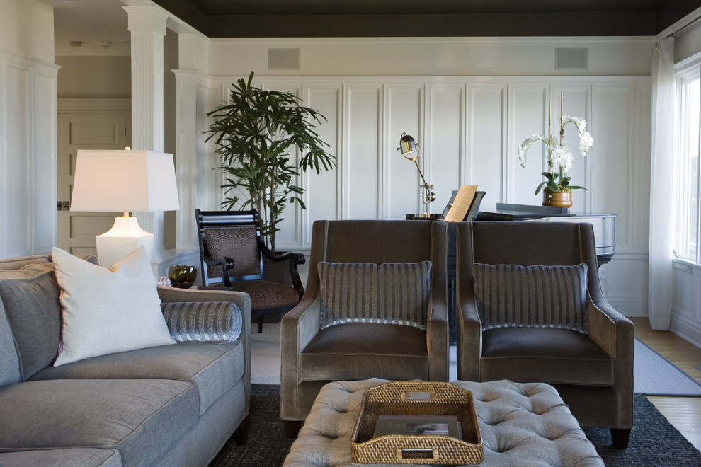 Inspiration for a contemporary living room remodel in Seattle with white walls