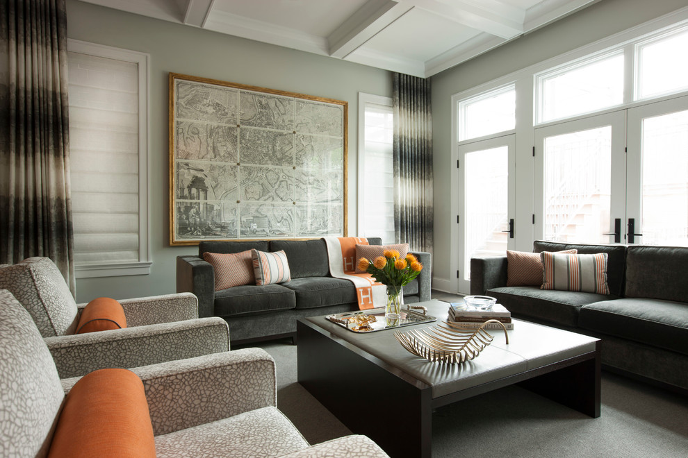 Imagen de salón para visitas contemporáneo sin chimenea y televisor con paredes grises y moqueta